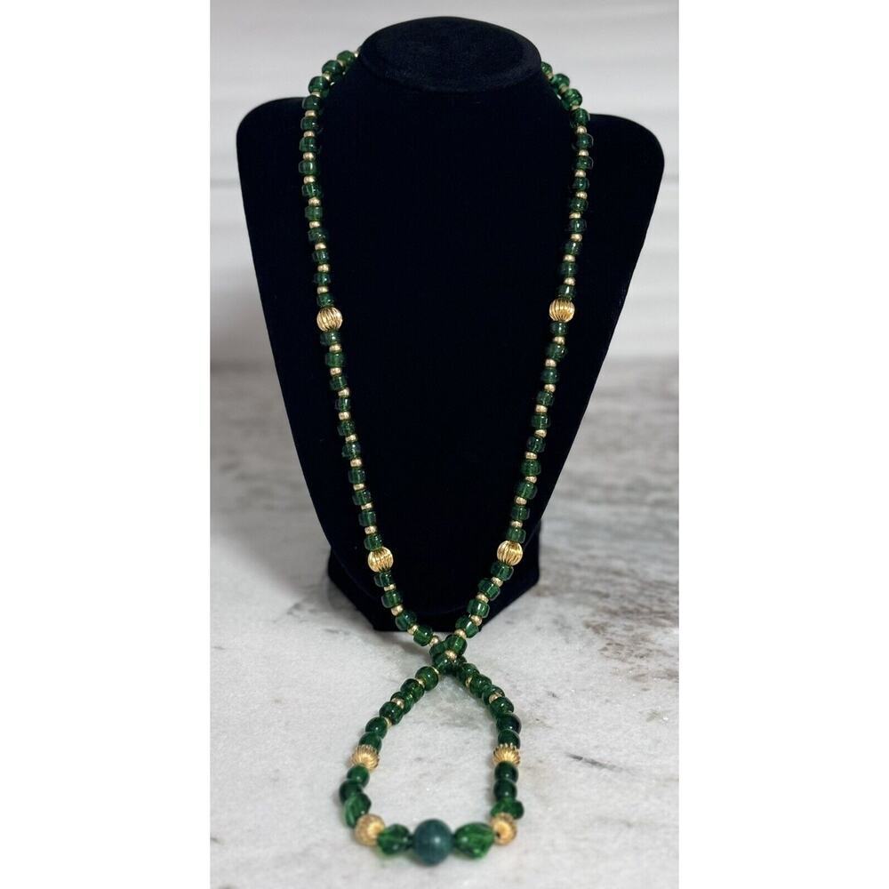 Vintage Green Glass Beaded Necklace Malachite Bead 32in Barrel Clasp - Picture 5 of 14